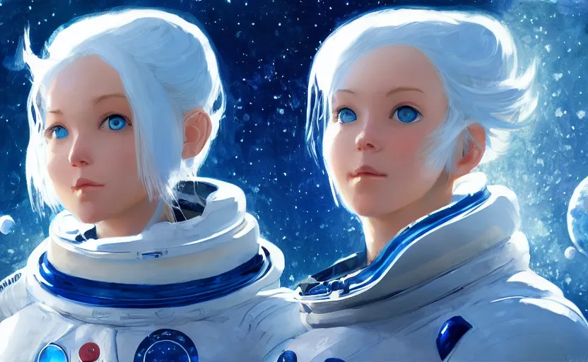 Prompt: portrait of a blue-eyed girl with white hair in a space suit against the background of space, painting by Craig Mullins, octane rendering, soft morning lighting, wide angle lens, in the style of Hayao Miyazaki, trending on artstation,