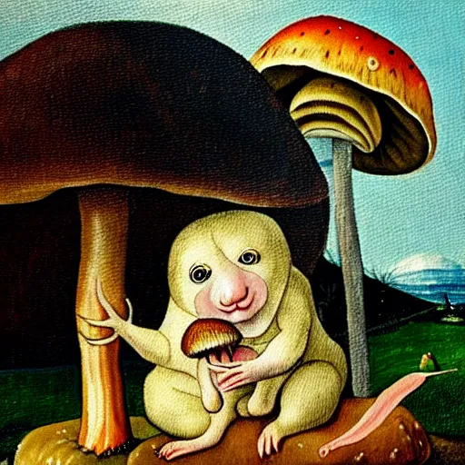 Image similar to a painting of a cute creature sitting next to a mushroom, detailed, realistic, in style of hieronymus bosch