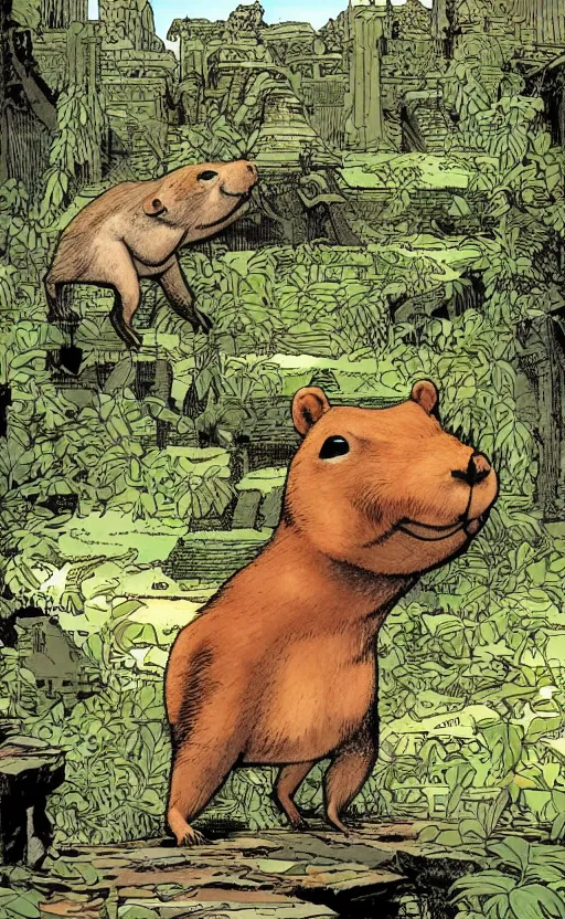 Prompt: an animated capybara exploring some mayan ruins, comic by david finch and frank miller, detailed shading, correct rodent anatomy