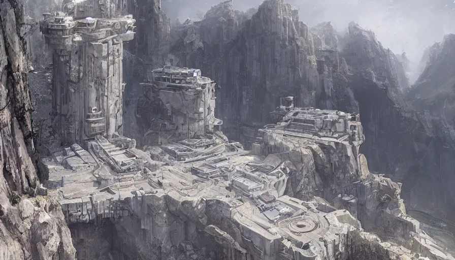 Image similar to imperial base on a cliff overlooking a magnificient bay, by james gurney, greg rutkowski, drawing architecture, brutalist, highly detailed digital art, artstation, greig fraser