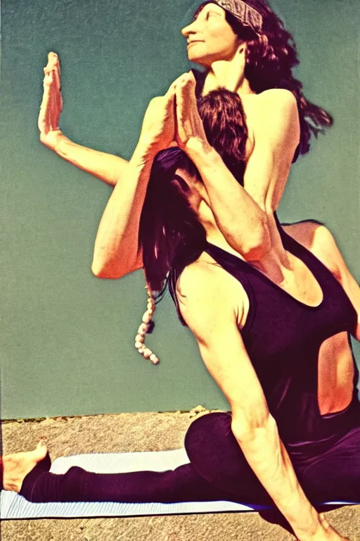 Image similar to old realistic photo of an hippie woman as an evil angel doing yoga, photograph, color picture, late 1 9 6 0's, highly detailed, matte, sharp focus, smooth, sharp focus, illustration