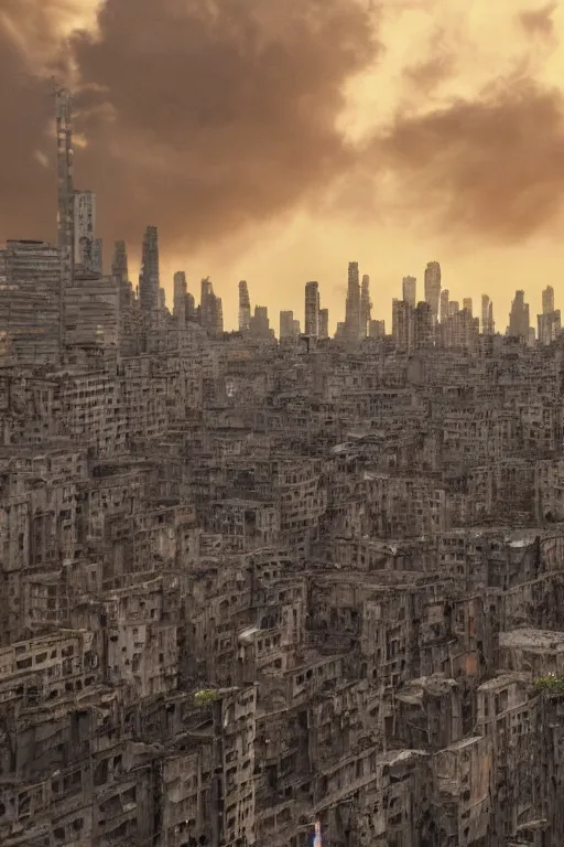 Image similar to cinematic frame of weathered high rise slums made of silver and gold glistening and dramatic clouds in the background