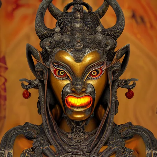 Image similar to naraka buddhist demon korean female, highly detailed, symmetrical long head, golden amber blood eyes, smooth marble surfaces, detailed ink illustration, raiden metal gear, cinematic smooth stone, deep aesthetic, concept art, post process, 4 k, carved marble texture and silk cloth, latex skin, highly ornate intricate details, in the style of 8 8 grzes