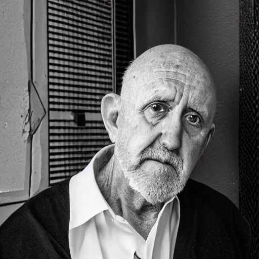 Prompt: Mike Ehrmantraut black and white portrait, XF IQ4, f/1.4, ISO 200, 1/160s, 8K, RAW, unedited, symmetrical balance, in-frame