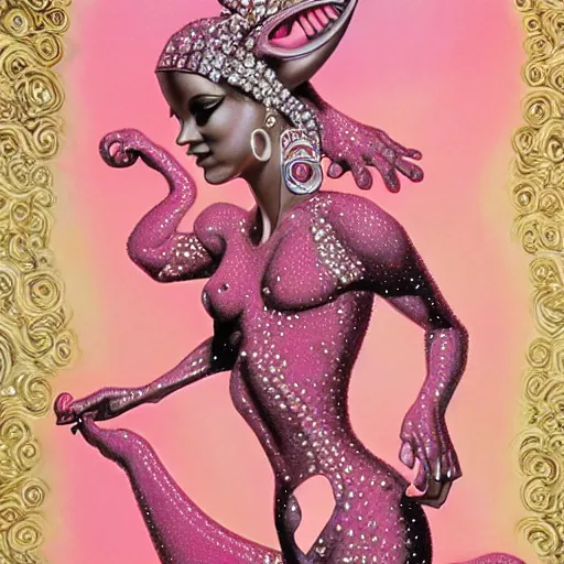 Image similar to a woman with a pink panther in her arms, wearing strong jewerly and crystals, surreal, art by peter lloyd, 1 9 8 0's art, airbrush style, art by hajime sorayama,, intricate, elegant, sharp focus, illustration, highly detailed, h 8 0 0