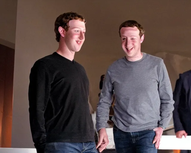 Image similar to mark zuckerberg and jack nicholson play termiantor, scene where their endoskelet gets exposet