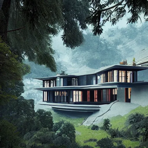 Image similar to modernist house inspired by a tibetan palace, overlooking a valley, big trees, clouds, dramatic lighting, artstation, matte painting, raphael lacoste, simon stalenhag, frank lloyd wright, drone view