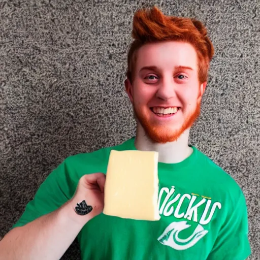 Image similar to photo of a young man with auburn hair, freckles, green eyes, and a kentucky fried chicken employee shirt, holding a piece of cheese shaped like kentucky