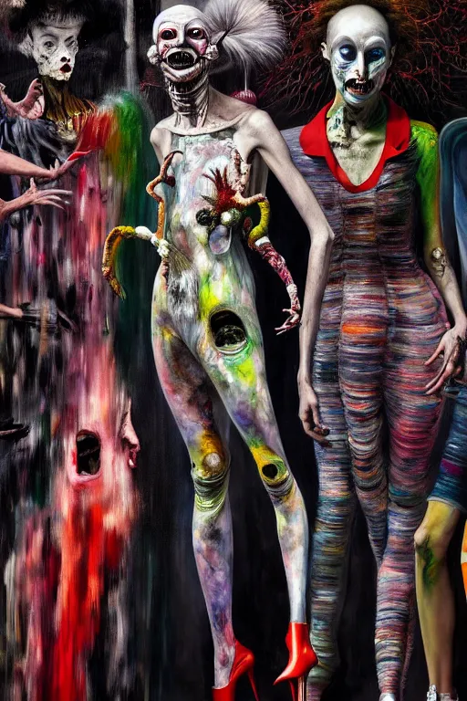 Prompt: crazy fashion catwalk, freak show, crazy clothes, biopunk style, horror, hauntingly surreal, highly detailed painting by francis bacon, edward hopper, adrian ghenie, gerhard richter, and james jean soft light 4 k,