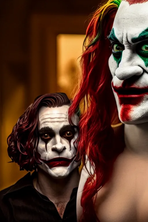 Image similar to joaquin phoenix joker with harley queen lady gaga, photorealistic, smooth, 4 k, aesthetic lighting, baroque object, sharp focus, hyperdetailed, professional photography, pullitzer winning, 8 0 0 photo by : canon eos 5 d mark iv, by karah mew and adnan abidi and jodie bateman