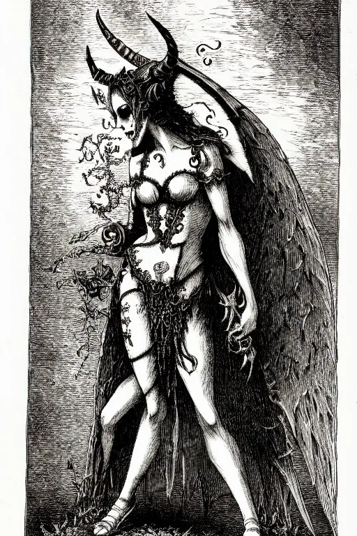 Image similar to cait sidhe, as a demon from the dictionarre infernal, pen - and - ink illustration, etching by louis le breton, 1 8 6 9, 1 2 0 0 dpi scan, ultrasharp detail, hq scan, intricate details, stylized border