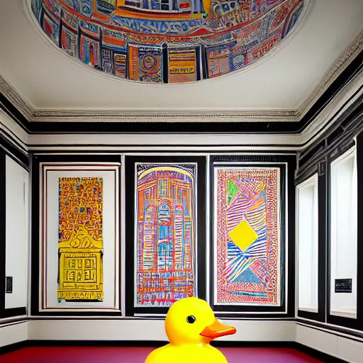 Image similar to wide shot, one photorealistic rubber duck in foreground on a pedestal in an museum gallery, british museum, the walls are covered with colorful geometric wall paintings in the style of sol lewitt, tall arched stone doorways, through the doorways are more wall paintings in the style of sol lewitt.