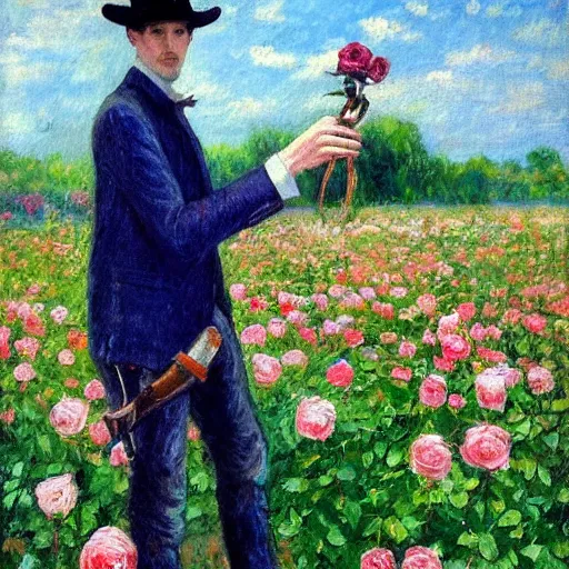 Prompt: an impressionist painting of a tall man with blue eyes that is wearing a wide brim hat and a leather vest. He is holding a revolver in his left hand and a rose is in his right hand. He is standing in a field of roses.