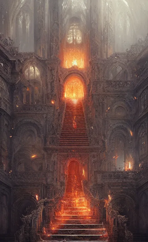 Image similar to stairs from hell to heaven, flames, heavens, paradise, fantasy, hell, beautiful, intricate detail, intricate, epic, vast, digital painting by greg rutkowski, artstation, very detailed, cinematic lighting, concept art