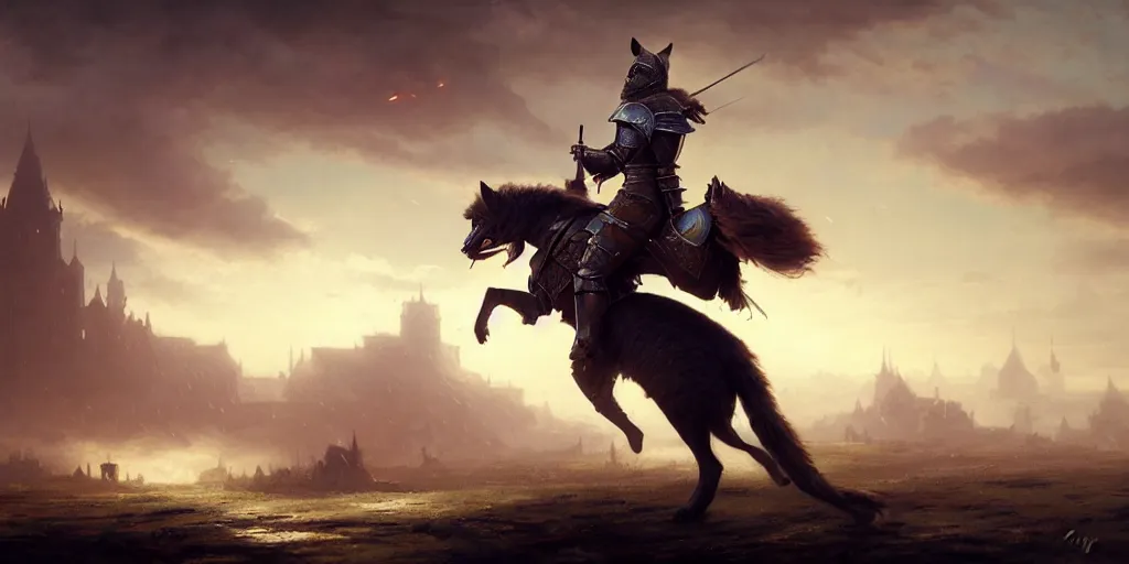 Prompt: a knight riding a cat in battle, digital art, landscape, fantasy art, octane render, ureal engine, high detail, very realistic, by greg rutkowski. by james gurney