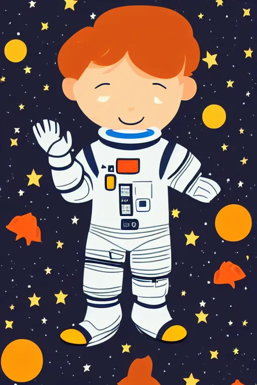 Prompt: a little boy with ginger hair floating in space. he is an astronaut wearing a space suit. clean elegant simple illustration, beautiful detailed face.