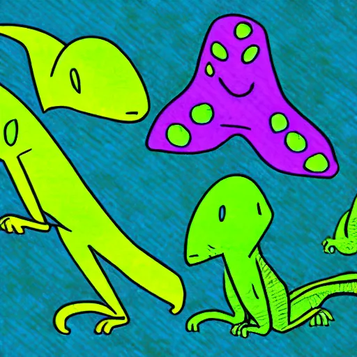 Image similar to illustration of a race of reptilian - esque aliens, in neon colors. the aliens have large antenna - like protrusions from their head.