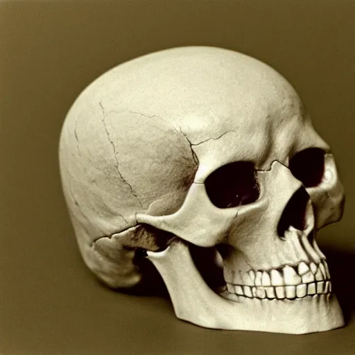 Prompt: art photograph of a skull, ektachrome, 35 mm film grain, shallow depth of field