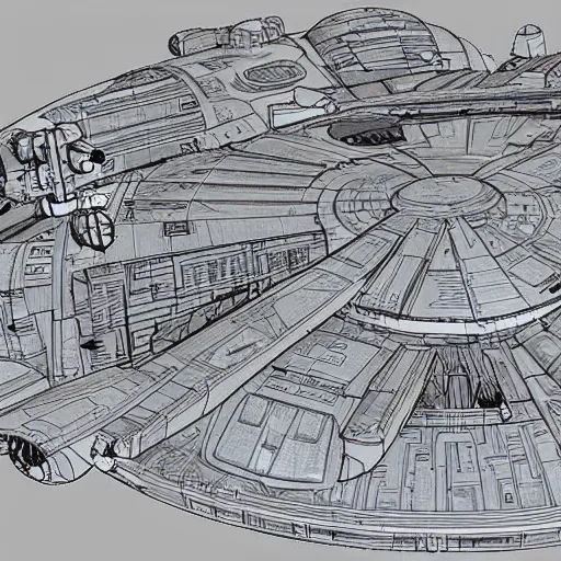 Image similar to technical blueprint of the millenium falcon (star wars), ultra detailed, 8k