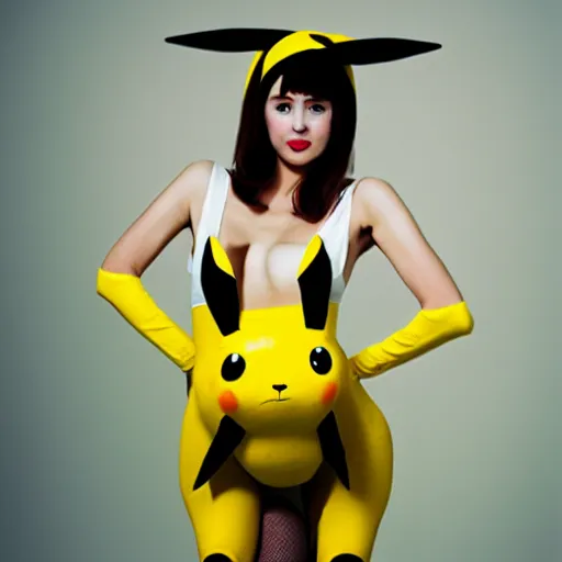 Prompt: elegant woman dressed up as pikachu, wearing stockings, photo by David Hamilton,