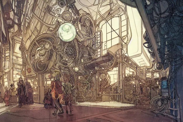 Image similar to front view on steampunk hallway, kid and mad scientist walking, giant video screens, sci - fi, big interior plants, retrofuturism, concept art by mucha and moebius and victo ngai, architecture by francois schuiten, clean line, diesel punk, artstation