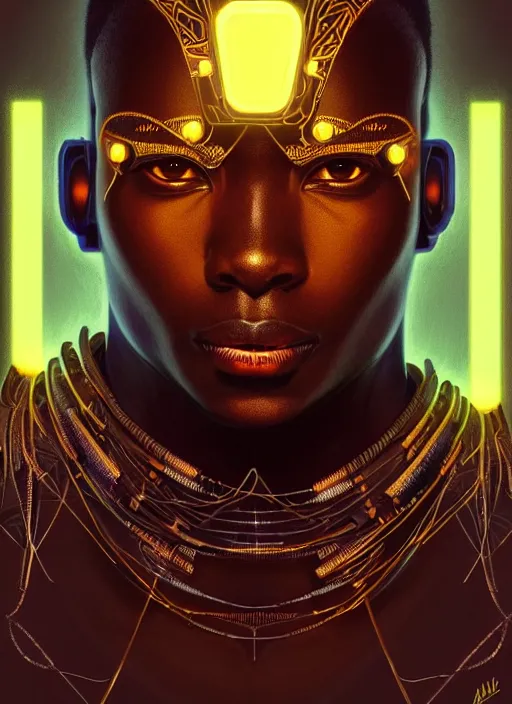 Prompt: symmetry!! portrait of african man tribal warrior, sci - fi, tech wear, glowing lights!! intricate, elegant, highly detailed, digital painting, artstation, concept art, smooth, sharp focus, illustration, art by artgerm and greg rutkowski and alphonse mucha