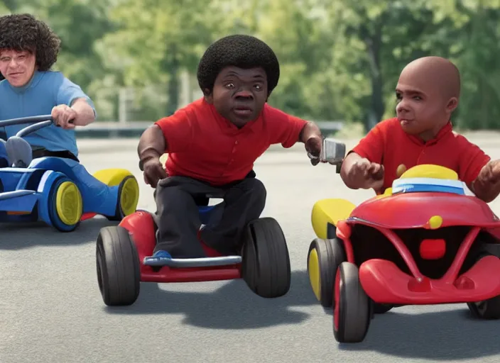 Image similar to peter dinklage racing gary coleman driving a little tikes cars, movie still, from the new fast and furious movie, 8 k, realistic