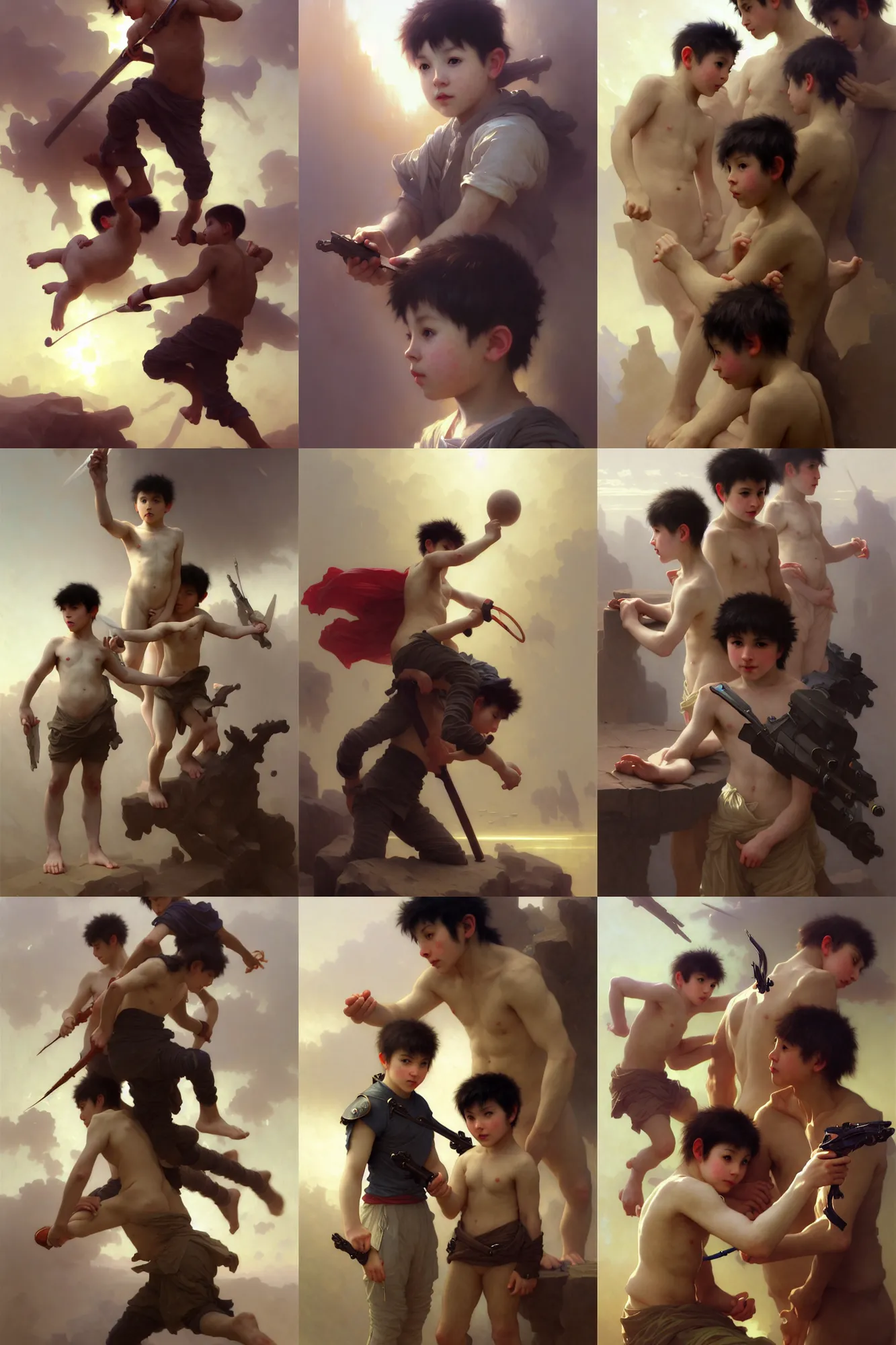 Prompt: juvenile boys demonstrating teamwork illustration by ruan jia and mandy jurgens and william - adolphe bouguereau, artgerm, 4 k, digital art, surreal, space dandy style, highly detailed, godsend, artstation, digital painting, concept art, smooth, sharp focus, illustration by ruan jia and mandy jurgens and william - adolphe bouguereau