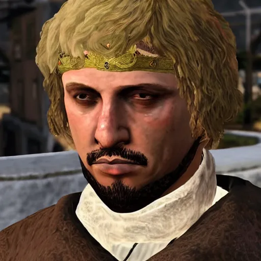 Prompt: close up portrait of drunken alexander the great in gta v