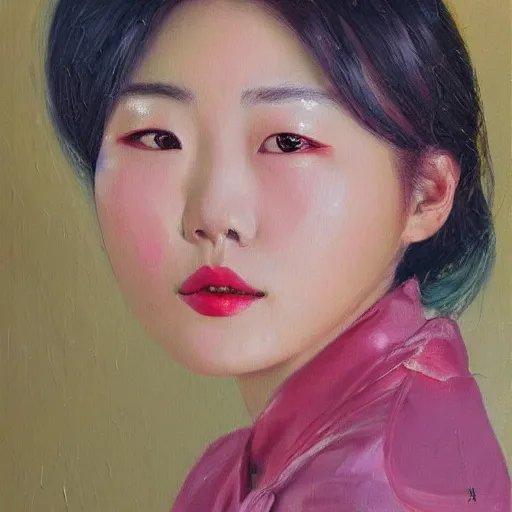 Image similar to beautiful highly detailed and expressive oil painting of a korean woman's face dissolving into petals, masterpiece, dynamic lighting, atmospheric