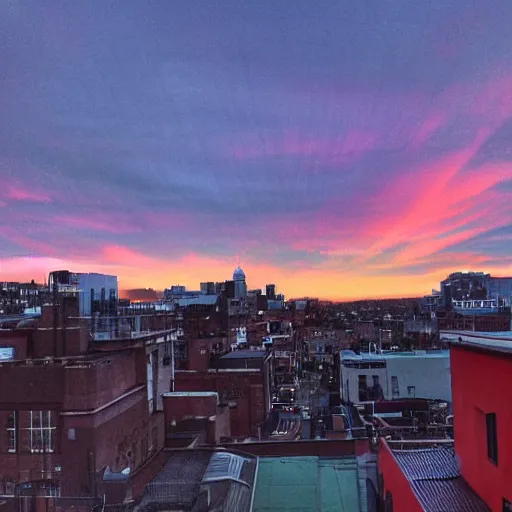 Prompt: <photograph accurate=true quality=very-high>looking out the window at a busy city street</photograph><augment>red sky</augment>