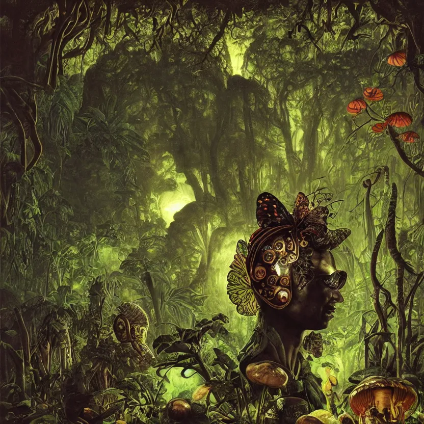 Prompt: a neoclassicist portrait of a big - eyed alien boy with green skin wearing an iridescent venetian carnival butterfly mask surrounded by mushrooms in a jungle at night. reflective textures. glowing fog. highly detailed fantasy science fiction painting by moebius, norman rockwell, frank frazetta, and syd mead. rich colors, high contrast, gloomy atmosphere, dark background. artstation