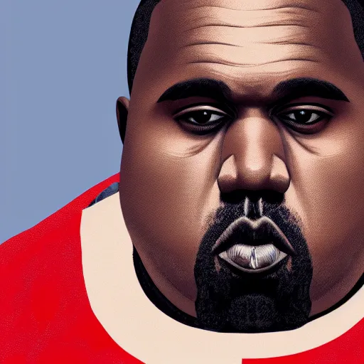 Image similar to hyperrealistic mixed media image of a incredibly morbidly obese kanye west, stunning 3 d render inspired art by istvan sandorfi and greg rutkowski, perfect facial symmetry, realistic, highly detailed attributes and atmosphere, dim volumetric cinematic lighting, 8 k octane extremely hyper - detailed render, post - processing, masterpiece,