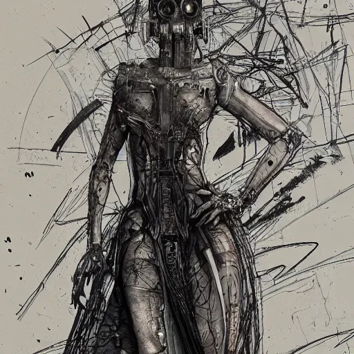 Prompt: woman wearing gown made of mech mask rendered in unreal engine, cyberpunk, rave, scifi, painted by albrecht durer | bernard buffet | carne griffiths | wlop