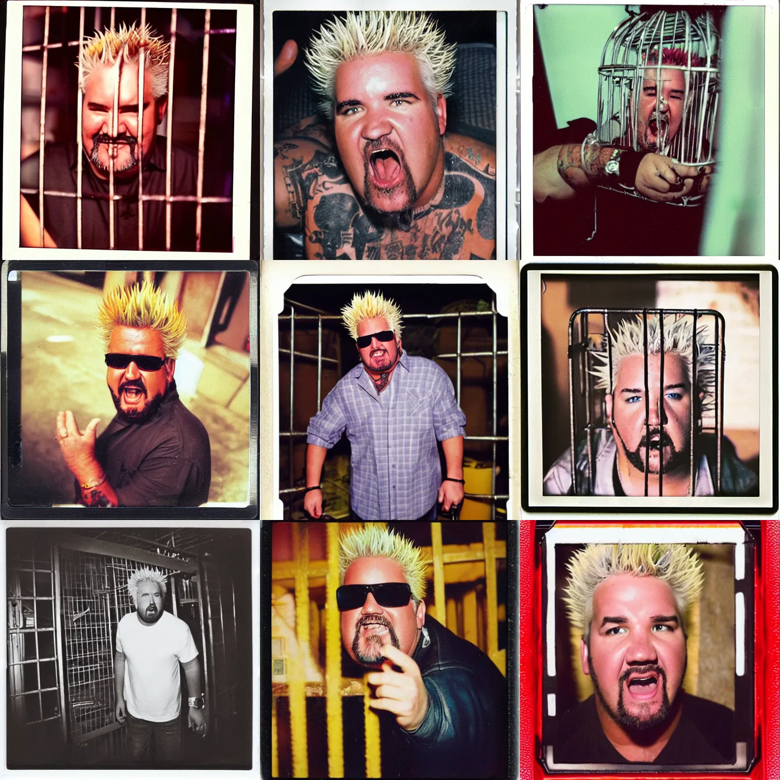 Prompt: Guy Fieri trapped in a cage, realistic photograph, polaroid, film