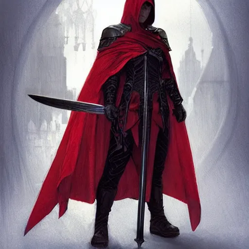Prompt: warrior holding two swords, full body worn out cape, red hoodie, worn out clothes, symmetry, concept art, volumetric light, matte, sharp focus, illustration, art by Artgerm and Greg Rutkowski and Alphonse Mucha