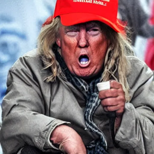 Image similar to donald trump dressed as a homeless man living in the slums