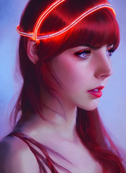 Image similar to portrait of lexi belle with bangs, 1 9 6 0 s, long hair, red hairband, bangs, intricate, elegant, glowing lights, highly detailed, digital painting, artstation, concept art, smooth, sharp focus, illustration, art by wlop, mars ravelo and greg rutkowski