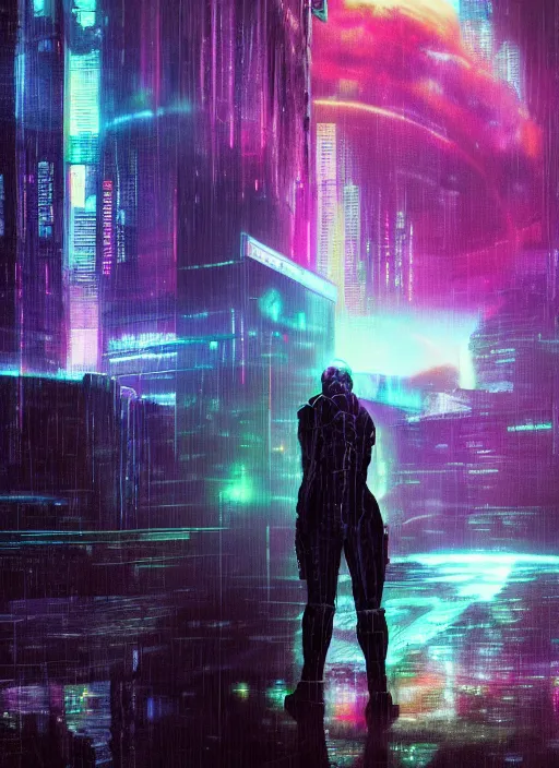 Image similar to one cyber godly person made of cosmic nebula galaxy energy watching a rainy colorful complex cyberpunk futuristic holographic city from behind at night through a window in a room, reflections, high contrast, 8 k, photorealistic, concept art, wet, highly detailed, cinematic mood by ridley scott, ghost in the shell, trending on artstation, glowing and epic