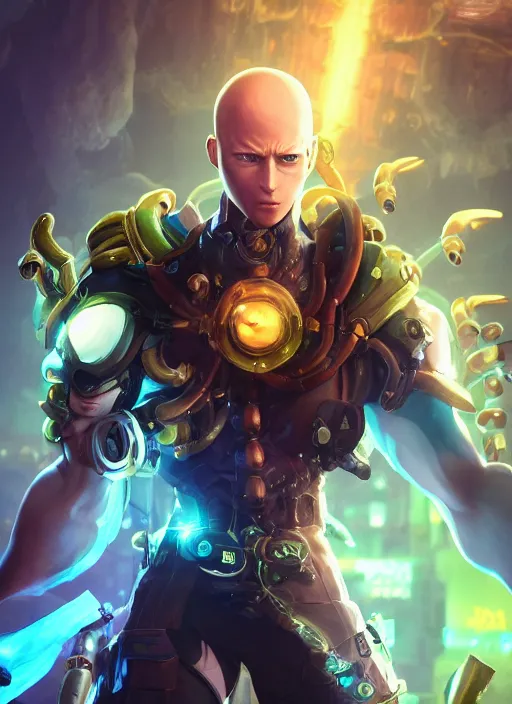 Image similar to biopunk portrait of saitama as a champion from league of legends, au naturel, hyper detailed, digital art, trending in artstation, cinematic lighting, studio quality, smooth render, unreal engine 5 rendered, octane rendered, art style by pixar dreamworks warner bros disney riot games and arcane.