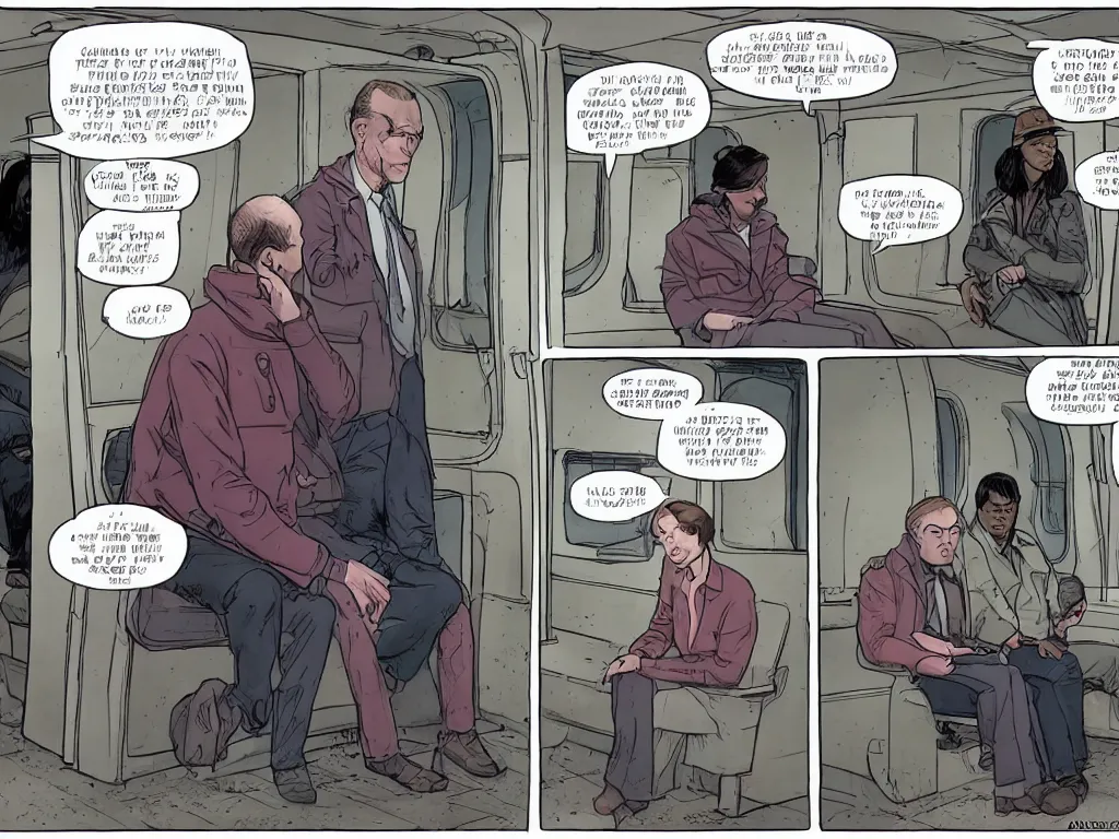 Image similar to a single comic panel by Geoff Darrow, 3/4 low angle view wide shot of two people sitting in an empty Chicago subway train, in front of windows: a sad Aubrey Plaza in a parka and a friendly Mads Mikkelsen in a suit