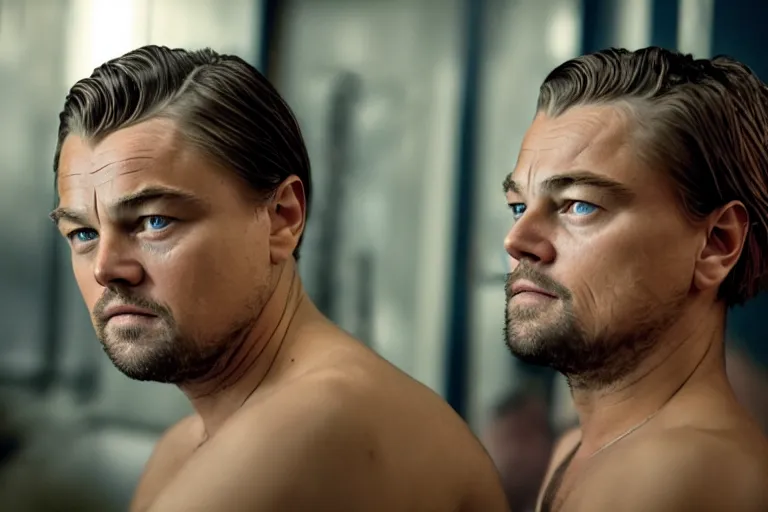 Image similar to close-up of Leonardo DiCaprio as a drug addict in abstinence in the new movie directed by Gaspar Noé, movie still frame, promotional image, symmetrical shot, idiosyncratic, relentlessly detailed, limited colour palette