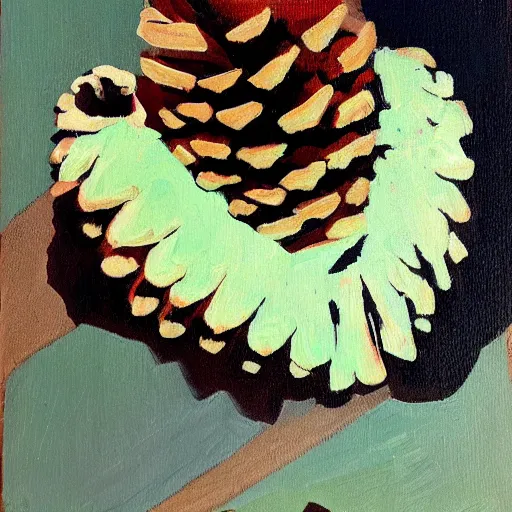 Image similar to a dead bird and a pine cone, modernist painting with only 5 colors