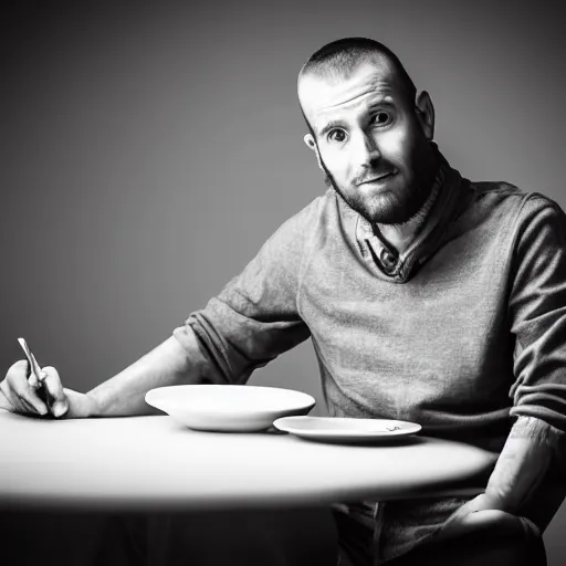 Image similar to portrait of a 3 0 years old frenchman in 2 0 2 0 seated at a table. award winning photography, 5 0 mm, studio lighting, black and white, contrasted.