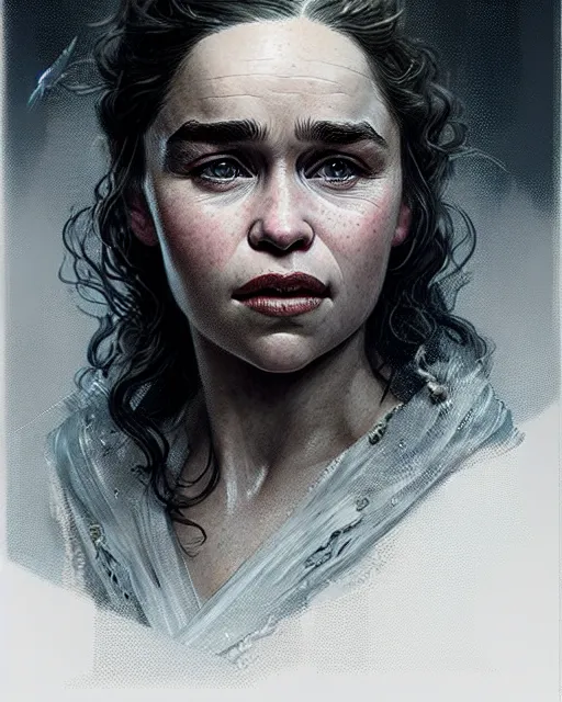 Image similar to emilia clarke, character portrait, portrait, close up, concept art, intricate details, highly detailed by greg rutkowski, michael whelan and gustave dore