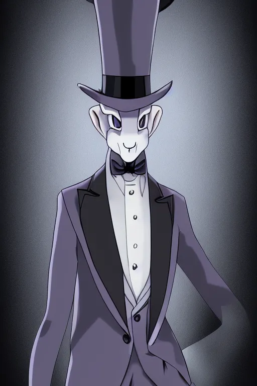 Image similar to mewtwo human hybrid wearing a top hat and suit, highly detailed, digital art, sharp focus, ambient glow, trending on art station, anime art style