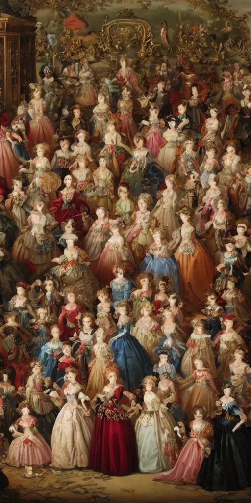 Image similar to Women in baroque dresses, standing in the middle of the room full of toys