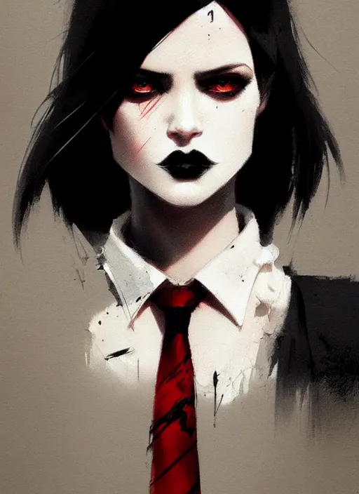 Prompt: ultradetailed beautiful panting of a stylish goth woman wearing a shirt with a tie, she has black hair, distressed, by greg rutkowski, ashley wood, ilya kuvshinov, on artstation