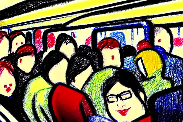 Prompt: a crowded train in germany, people packed in like sardines, dramatic, realistic pencil drawing, in color