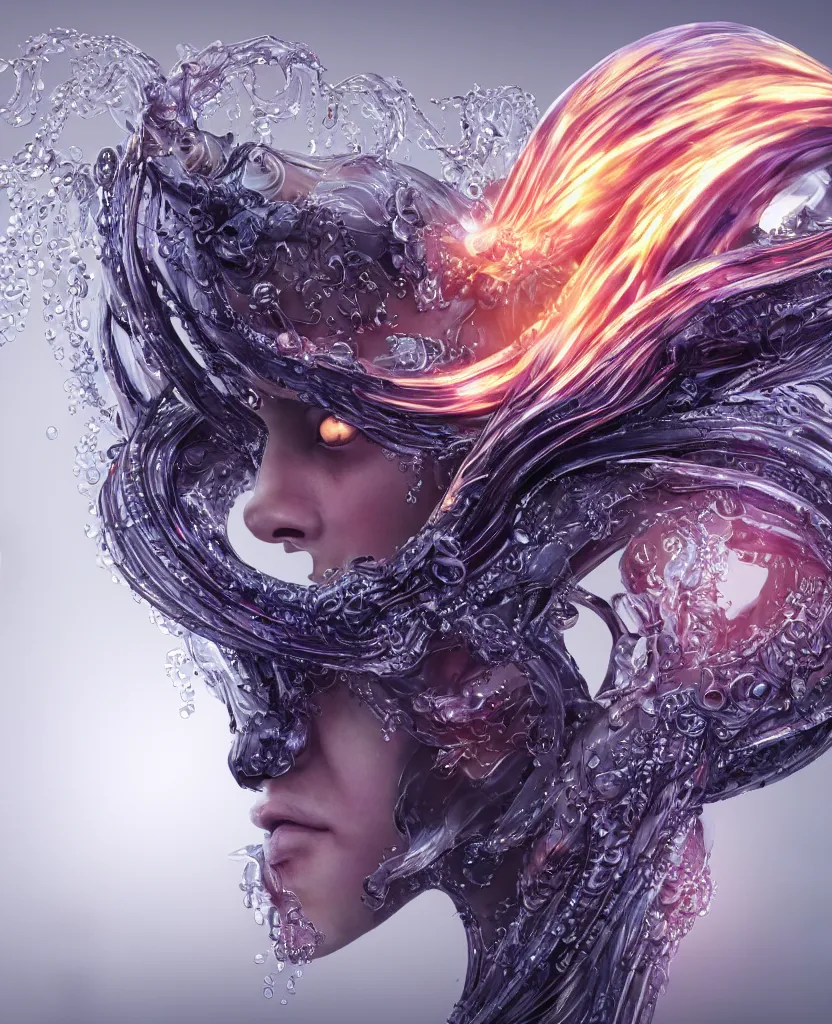 Image similar to close-up macro portrait of the face of a beautiful princess, epic angle and pose, symmetrical artwork, 3d with depth of field, blurred background, cybernetic jellyfish female face skull phoenix bird, translucent, nautilus, energy flows of water and fire. a highly detailed epic cinematic concept art CG render. made in Maya, Blender and Photoshop, octane render, excellent composition, cinematic dystopian brutalist atmosphere, dynamic dramatic cinematic lighting, aesthetic, very inspirational, arthouse. y Greg Rutkowski, Ilya Kuvshinov, WLOP, Stanley Artgerm Lau, Ruan Jia and Fenghua Zhong